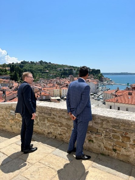 IOI President, Chris Field PSM, and Human Rights Ombudsman of the Republic of Slovenia, Peter Svetina, overlooking the town of Piran.